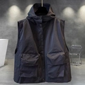 Men's functional hooded cargo vest in deep navy blue with large flap utility pockets - M / Classic Hooded-Black