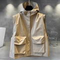 Men's light khaki hooded utility vest with snap buttons and large cargo pockets - M / Classic Hooded-Khaki