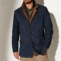 Men's retro navy faux suede jacket with brown leather trim and double collar design - S / Blue