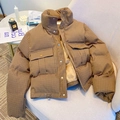 Short brown quilted puffer jacket for women with high collar and large front flap pockets - S / Khaki