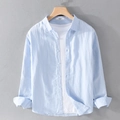 Men's light blue long sleeve cotton linen shirt on wooden hanger with textured wall - S / Sky Blue