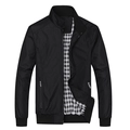 Veste noire classique pour hommes avec col montant, doublure à carreaux et bords-côtes - M / Noir