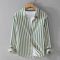 Men's green and cream striped long-sleeve casual shirt with breathable bubble texture - M / Green