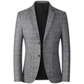 Slim fit men's pinstripe blazer in grey-blue with notched lapels and front patch pockets - S (US Size) / Gray