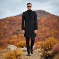 Manteau mi-long classique noir en laine pour hommes avec coupe ajustée et col à revers - XS / Noir