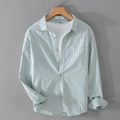 Camicia da uomo a righe verde menta a maniche lunghe con taschino sul petto casual - M / Verde Fagiolo