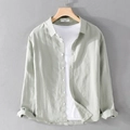 Camisa de lino y algodón para hombre en color verde salvia con manga larga - M / Verde Militar