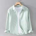 Men's mint green linen long sleeve shirt layered with white t-shirt on a wooden hanger - S / Aqua Green