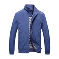 Men's navy blue casual jacket with stand collar, zipper pockets, and plaid lining - M / Denim Blue