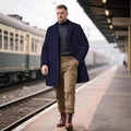 Navy blue men's wool blend overcoat with notched lapels and three-button closure - XS / Navy Blue