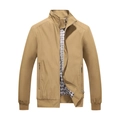 Men's khaki stand collar jacket with checkered lining and rib-knit cuffs in solid color - M / Khaki