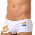 Weiße Herren Badehose mit Regenbogen Love is Love Aufnäher und Cup Einlage - M / Weiß Mit Cup