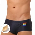 Herren Badehose in Schwarz mit Love Is Love Regenbogen Print und Polster Einlage - M / Schwarz Mit Cup