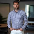 Camisa clásica de cuadros azules y blancos para hombre, estilo casual de negocios de manga larga - S / Gris claro