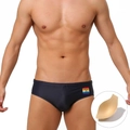 Men's black swim briefs with rainbow Love Is Love patch and removable sponge padding - M / Black With Cup