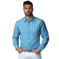 Camisa de manga larga para hombre en cuadros azules y blancos con bolsillo en el pecho y cuello clásico - S / Azul cian