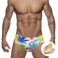 Herren Badehose in Weiß mit buntem Ahornblatt-Druck und schützender Schaumstoffpolsterung - M / Buntes Blatt (Mit Schale)