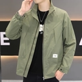Men's sage green stand collar lightweight jacket with metal zipper and utility patch - M / Army Green