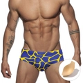 Herren Badehose in Blau mit gelbem Muster, schnelltrocknend und mit herausnehmbarem Pad - M / Mit Polstern / Dunkelblau