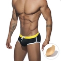 Herren Badehose in Schwarz mit gelbem Bund und herausnehmbarem Schutzeinsatz-Pad - M / Schwarz (Mit Cup)