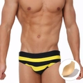 Herren Badehose mit schwarz-gelben Streifen und herausnehmbarem Schutzpolster aus Schaumstoff - M / Schwarz Gelb Mit Körbchen