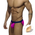 Men's sexy rose pink low-rise swim briefs with blue contrast trim and cup padding - Pink (With Cup Pad)