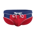 Men's athletic swim briefs in red and navy blue contrast panels with white drawstring - M / Red
