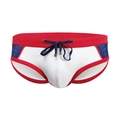Men's sexy color-block swim briefs with red waist, white front, and blue anchor print - M / White
