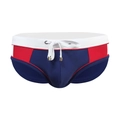 Classic men's swim briefs in red, white and navy blue color block design with drawstrings - M / Dark Blue