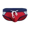Men's sexy red and blue patchwork swim briefs with adjustable drawstring and anchor print - M / Red