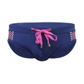 Herren Badehose in Dunkelblau mit rosa Punkte-Patchwork und elastischem Kordelzug - M / Dunkelblau
