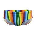 Men's sexy vertical rainbow striped swim briefs with supportive front pouch design - M / Rainbow