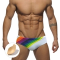 Bañador de natación tipo bikini con rayas de arcoíris y almohadilla frontal para hombre - M / Blanco Con Copa