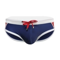 Men's navy color-block swim briefs with white panels, red trim, and adjustable drawstring - M / Dark Blue