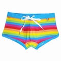 Men's split swim trunks with blue fabric and rainbow striped elastic waist drawstring - L / As Shown