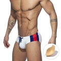 Weiße Herren-Sport-Badehose mit Seitenstreifen und herausnehmbarem Schwammeinsatz - M / Weiß Mit Cup