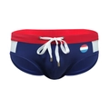 Men's navy swim briefs with red waistband and white side stripes featuring flag badge - Dark Blue (Patchwork)