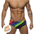 Bañador de hombre con rayas arcoíris de tiro bajo y relleno de copa extraíble - M / Negro Con Copa