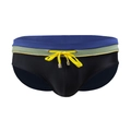 Men's sexy low-rise swim briefs with blue and green color blocking and yellow drawstring - M / Black