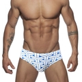 Men's low-waisted swim briefs featuring a blue 3D geometric cube print on white - M / White