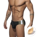 Herren Badehose in Schwarz mit olivgrünem Patchwork und herausnehmbarem Schutzeinsatz - M / Schwarz Mit Cup
