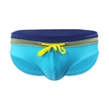 Men's low-rise swim bikini in blue and green color block with yellow drawstring - M / Lake Blue