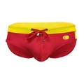 Men's red swim briefs with yellow waistband and Spain flag emblem detail - Red Yellow (Spain Flag)