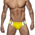 Gelbe Herren-Badehose mit niedrigem Bund, weißen Kontrastfeldern und blauen Sportstreifen - M / Gelb