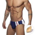 Men's athletic swimming briefs with color-block stripes and removable protective sponge pad - M / Deep Blue With Padding