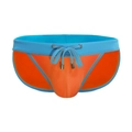 Men's low-waisted swim briefs in high-contrast orange and sky blue with blue drawstrings - M / Orange