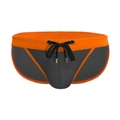 Men's low waist swim briefs in grey with orange trim and black drawstring closure - Gray
