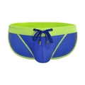 Men's sexy blue high-cut swim briefs with neon green contrast edges and drawstrings - Blue