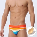 Men's low-rise swim briefs with rainbow stripes and removable protective padding insert - M / Orange-Red with Cup