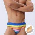 Men's fashion swimwear briefs with vibrant rainbow stripes and removable protective padding - M / Blue with Cup